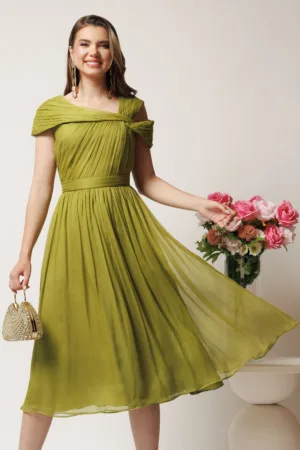 Rochie verde din matase naturala cu maneci scurte- Leonard Collection