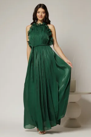 Rochie verde lunga de ocazie din voal peliculizat cu cordon impletit