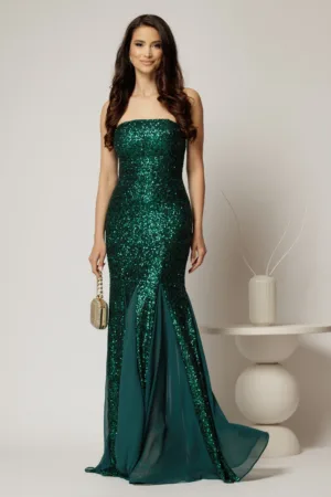 Rochie verde lunga de seara din paiete cu bretele subtiri si insertii de voal pe fusta