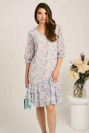 Rochie verde mint din voal cu croi drept si flori lila- Viada