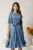 Rochie Celine midi albastra din voal satinat in clos cu cordon in talie