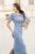 Rochie DY Fashion bleu cu guler ascutit si curea in talie