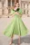 Rochie DY Fashion eleganta din stofa verde fistic cu funda in talie