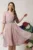 Rochie DY Fashion eleganta din voal roz prafuit cu fir stralucitor si cordon