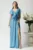 Rochie DY Fashion lunga eleganta din voal bleu cu floare in talie si volan la bust