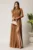 Rochie DY Fashion lunga maro din tull fin cu pene la umeri