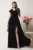 Rochie DY Fashion lunga neagra in clos din voal cu volanas la bust si crapatura pe picior