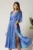 Rochie DY Fashion midi albastra din voal in clos cu tull la decolteu si crapatura pe picior