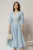 Rochie DY Fashion midi bleu cu banda decorativa pe talie si mansete