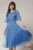 Rochie DY Fashion midi bleu din voal in clos cu fir lurex si accesoriu la decolteu