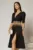 Rochie DY Fashion midi neagra cu cordon cu pene si perle in talie