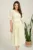 Rochie DY Fashion midi verde din satin in clos cu print bej si funda in talie