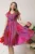 Rochie DY Fashion mov din voal cu imprimeu fucsia si cordon in talie