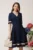 Rochie DY Fashion office din stofa bleumarin cu benzi bej
