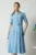 Rochie DY Fashion office din triplu voal bleu cu nasturi la bust si curea in talie
