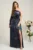 Rochie Ella Collection Noa lunga de ocazie bleumarin din satin cu floare maxi pe talie