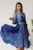 Rochie Julia midi albastra din satin in clos cu aspect sidefat si cordon cu strasuri