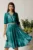 Rochie Julia midi turcoaz din satin in clos cu aspect sidefat si cordon cu strasuri