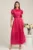Rochie Moze lunga eleganta din voal fucsia cu volanase la maneci