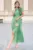 Rochie Moze lunga eleganta din voal verde fistic cu volanase la maneci