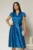Rochie Sabrina albastru petrol din tafta cu accesoriu floral texil si decolteu in V