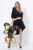 Rochie asimetrica neagra cu volan pe maneca si funda aurie