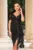 Rochie de ocazie neagra cu flori 3D si trena pe o parte