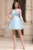 Rochie de ocazie scurta din tulle bleu cu flori 3D brodate
