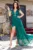 Rochie de seara Roxana verde cu flori 3D si trena detasabila