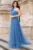 Rochie de seara bleu Clio din tulle brodat cu floare 3D pe umar si strassuri