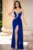 Rochie de seara eleganta albastra cu trena pe o parte si model din strassuri