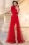 Rochie de seara rosie Clio din tulle brodat cu floare 3D pe umar si strassuri