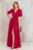Rochie de seara rosie lunga cu floare in talie si decolteu petrecut