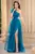 Rochie de seara turquoise Clio din tulle brodat cu floare 3D pe umar si strassuri