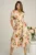 Rochie din stofa bej cu imprimeu floral corai si cordon in talie