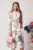 Rochie din stofa ivory midi de zi cu imprimeuri florale si decolteu