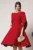 Rochie eleganta din stofa rosu zmeura cu maneci evazate petrecute
