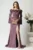 Rochie eleganta lunga din crep mov cu flori la decolteu si curea in talie