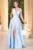 Rochie eleganta lunga din tafta bleu Saturn cu flori 3D