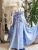 Rochie eleganta lunga din tafta bleu cu accesoriu la talie