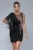 Rochie eleganta neagra accesorizata cu o floare pe un umar si franjuri negri