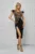Rochie eleganta neagra midi cu slit pe picior si broderie pretioasa si pene la maneci