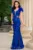 Rochie lunga albastra sirena Alejandra cu glitter si flori decorative