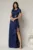 Rochie lunga beumarin din satin cu slit pe picior si aplicatie pe talie