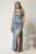 Rochie lunga bleu din tafta cu strasuri si pene la umeri