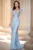 Rochie lunga bleu sirena Alejandra cu glitter si flori decorative