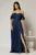 Rochie lunga bleumarin de ocazie din voal peliculizat cu bust tip corset