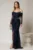 Rochie lunga bleumarin de seara tip sirena din dantela si decolteu accesorizat