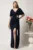 Rochie lunga bleumarin din lurex cu floare in talie si croi mulat