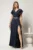 Rochie lunga de seara din tafta bleumarin cu accesoriu pe talie
